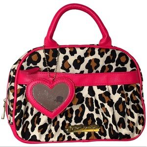 Betsey Johnson Leopard Print Hot Pink Piping and Handles Bag Purse